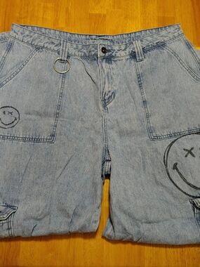 SmileyWorld Cargo Jeans Women 16 Light Wash Baggy Wide Leg 40in Length